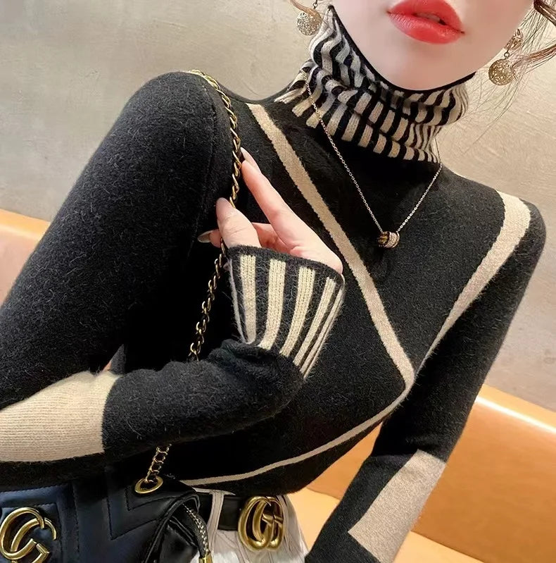 Women's Clothing Fashion All-match Turtleneck Long Sleeve Sweaters Autumn Winter Elegant Chic Slim Knit Pullovers Lady Y2k Tops