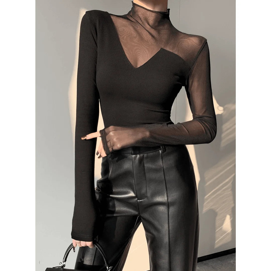 Women Korean Fashion Sexy See Through Mesh Patchwork Basic T-shirt Office Lady Black Elegant Long Sleeve Slim Tops Ropa De Mujer