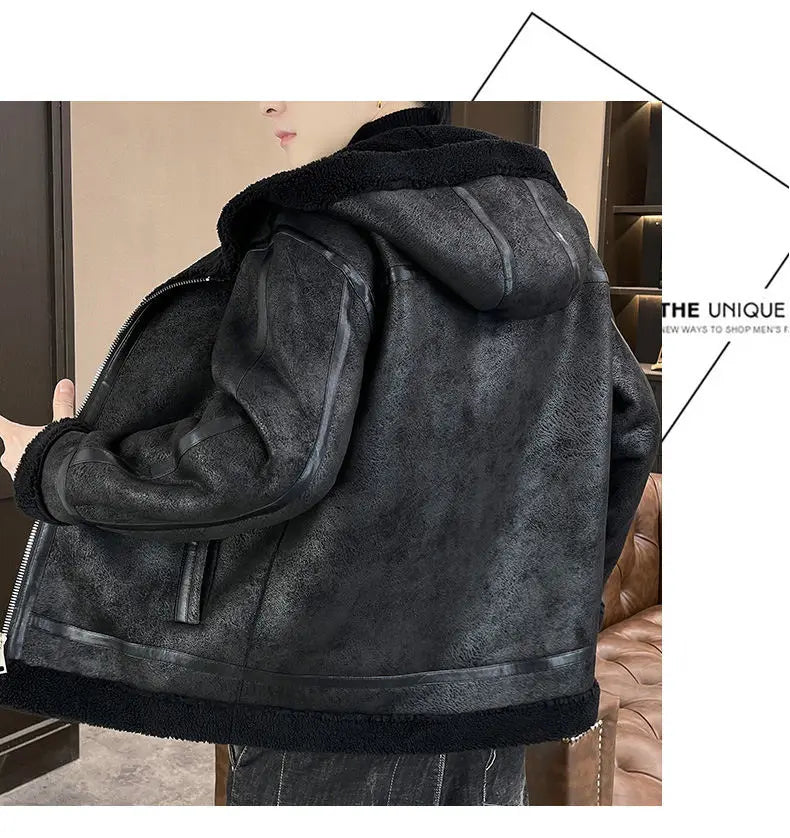 Autumn and winter fur one-piece thickened and fleece jacket for men and teenagers, gold embossed suede thickened warm jacket