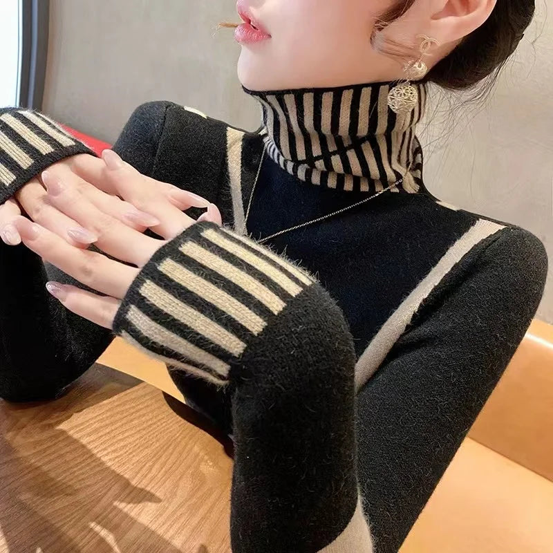 Women's Clothing Fashion All-match Turtleneck Long Sleeve Sweaters Autumn Winter Elegant Chic Slim Knit Pullovers Lady Y2k Tops