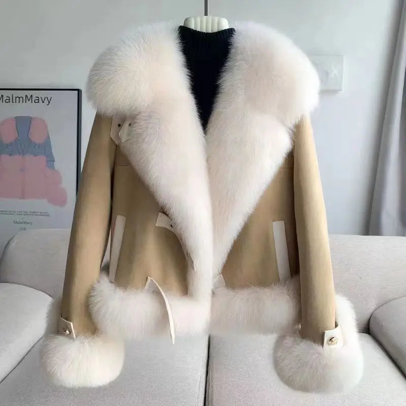 Women Imitation Fox Fur Turn Down Collar Suede Jacket Faux Mink Fur Collar Coat Fur Quilted Coat Cotton Padded Inner Parka Tops