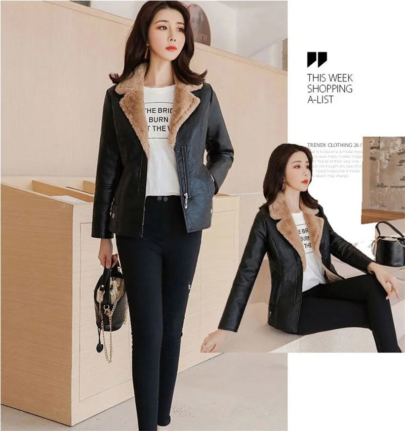 2022 New Winter PU Leather Jacket Women Short Blazers Coat Fleece Double-faced Fur Leather Outerwear Lady Slim Suit Tops Jackets