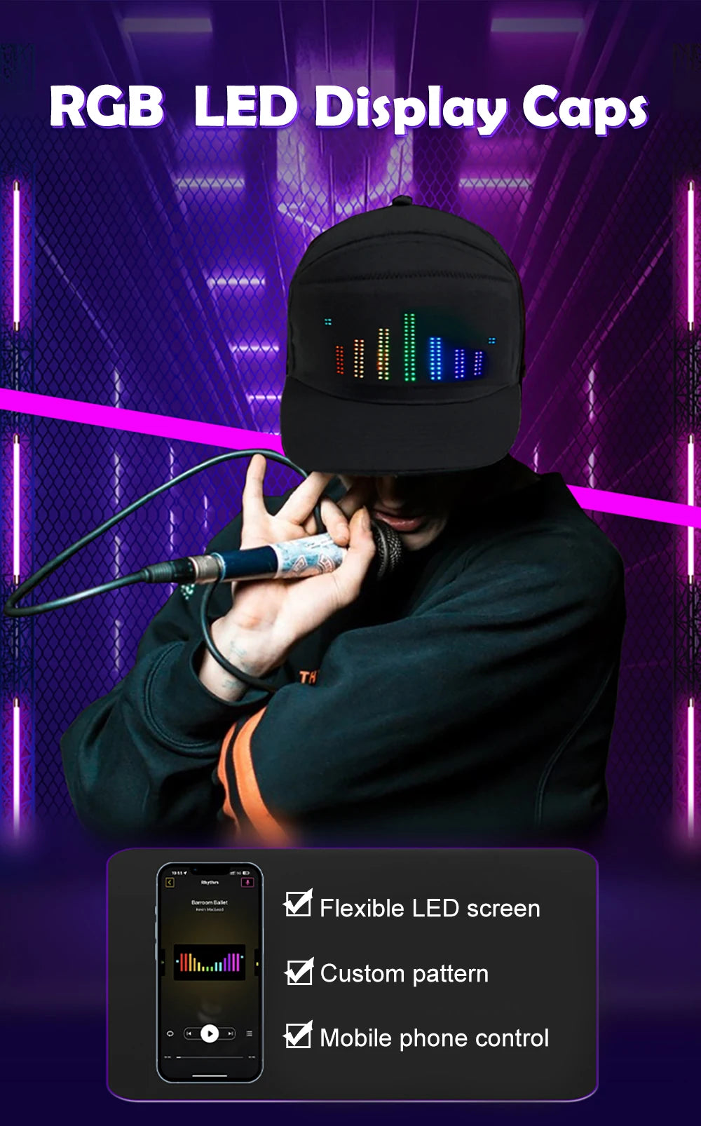 LED Hat Light Display Screen DIY Smart Pixel Matrix Baseball Hat Rechargeable Bluetooth APP Control Hip Hop Street Party Decor