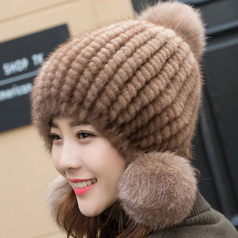 Mink Fur Hat Women Winter Thickened Ear Protection Hat Natural Fur Knitted Caps With Pom Pom Fox Ball Fashion Beanies Fur Hats