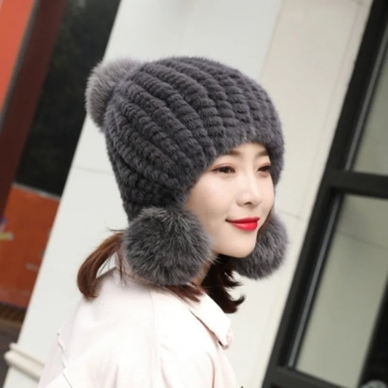 Mink Fur Hat Women Winter Thickened Ear Protection Hat Natural Fur Knitted Caps With Pom Pom Fox Ball Fashion Beanies Fur Hats