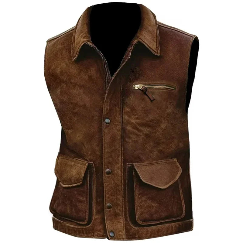Retro Men's Cardigan Trendy Vest Jacket 2025 New Zipper Pocket Warm Jacket Vest Fashion Blocked Sleeveless Jacket Men Clothing