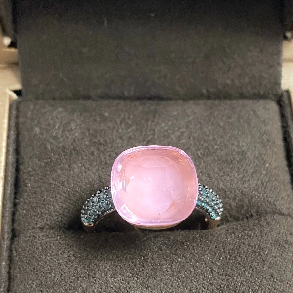 Blue Topaz Ring Inlay Black Zircon With Black Gun Plated 12.6mm Flat Crystal Ring For Women Party Fashion Jewelry Gift