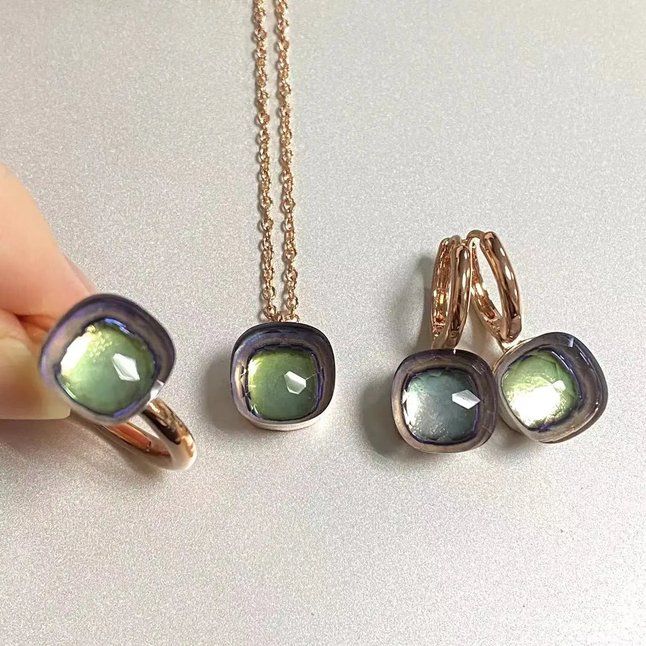 3Pcs/Set Women Ring Earrings Necklace Jewelry Set 34Colors Pink Crystal Jewelry Set Rose Gold Plated Jewelry