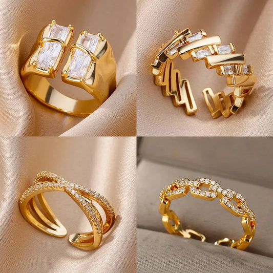 Irregular Square Zircon Ring For Women Stainless Steel Gold Plated Opening Ring Wedding Party Fashion Jewerly Gift Free Shipping
