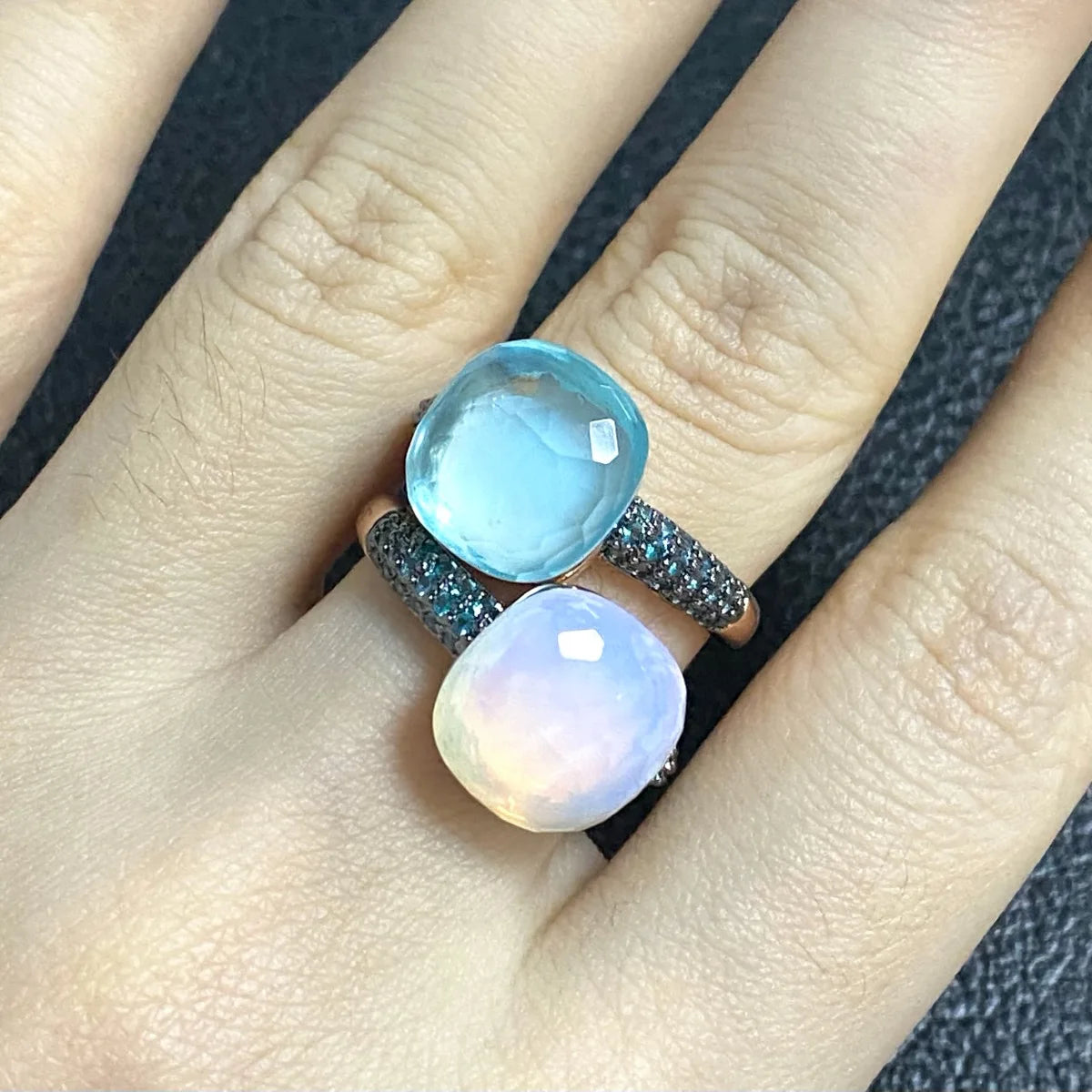 Blue Topaz Ring Inlay Black Zircon With Black Gun Plated 12.6mm Flat Crystal Ring For Women Party Fashion Jewelry Gift