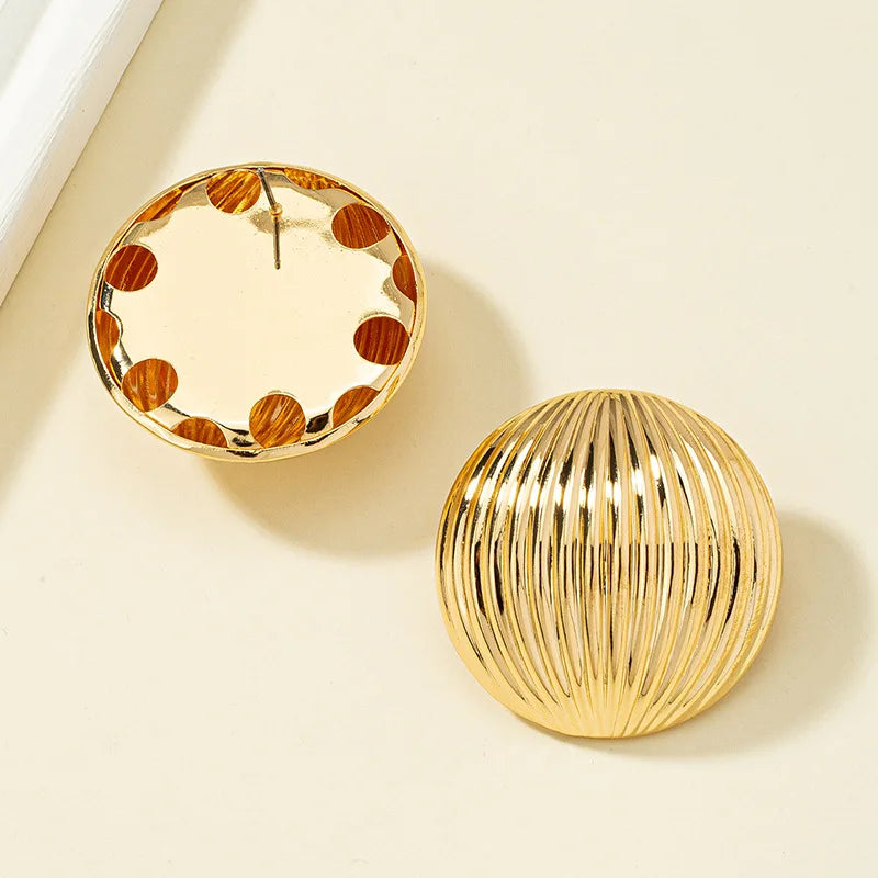 HUANZHI Trendy Punk Style Round Large Earrings for Women Girls Gold Color Metal  Exaggerated Geometric Stripe Party Jewelry