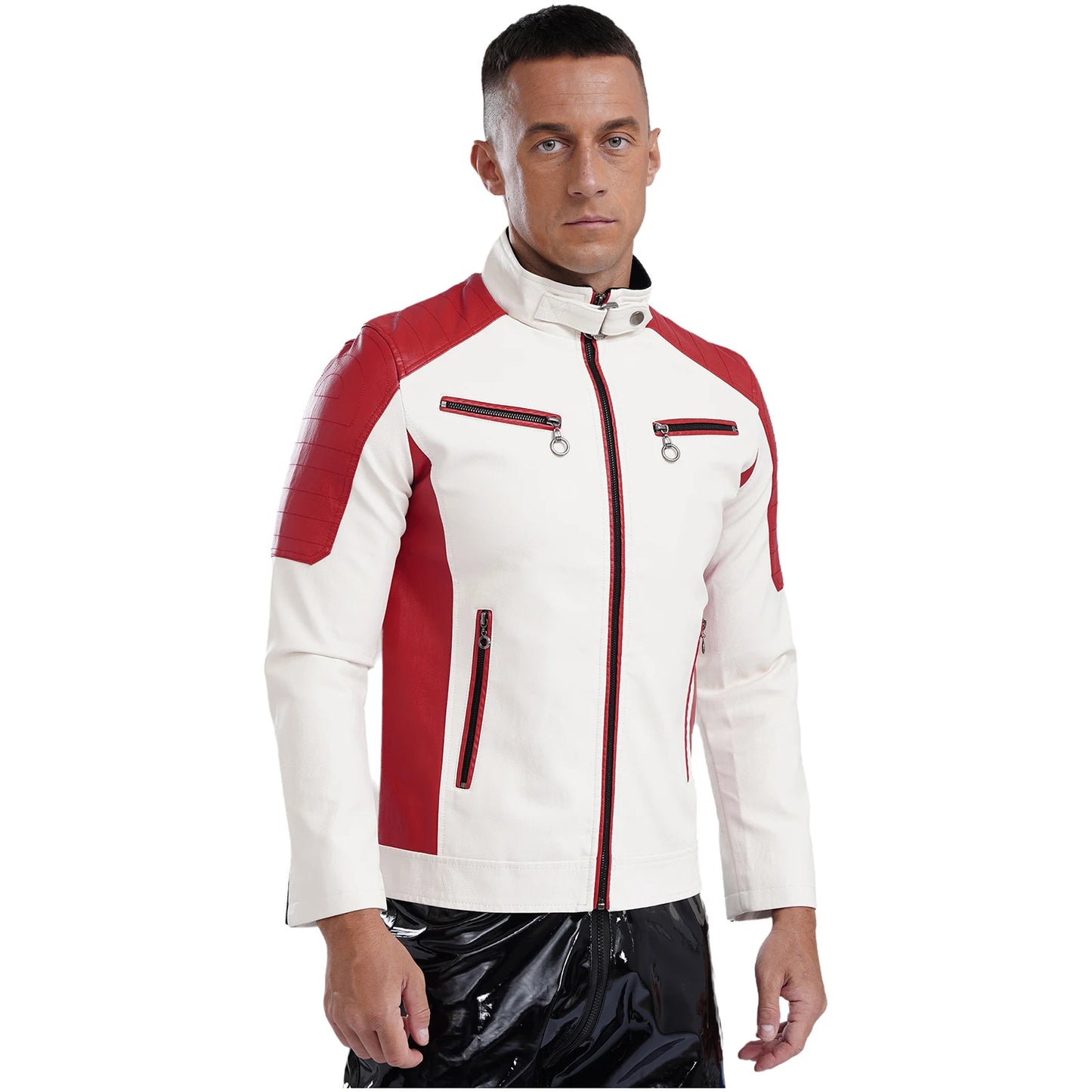 Mens Racing PU Leather Jackets Coat Long Sleeve Front Zipper Outerwear Windproof Motorcycle Biker Racer Bomber Jacket Streetwear