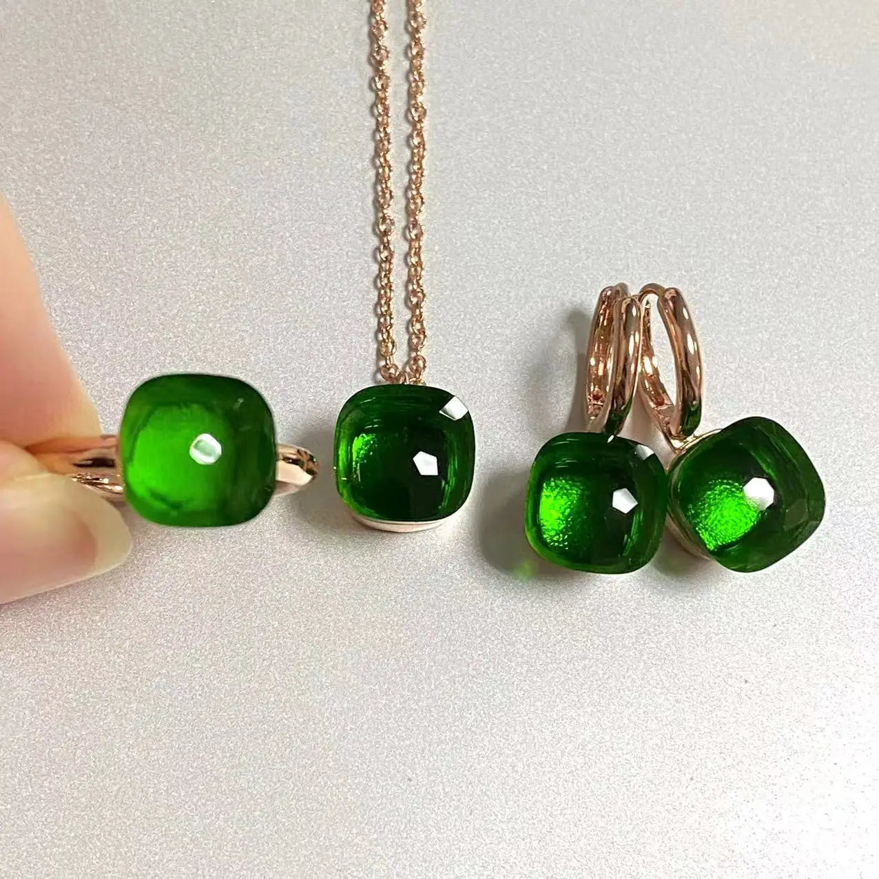 3Pcs/Set Women Ring Earrings Necklace Jewelry Set 34Colors Pink Crystal Jewelry Set Rose Gold Plated Jewelry