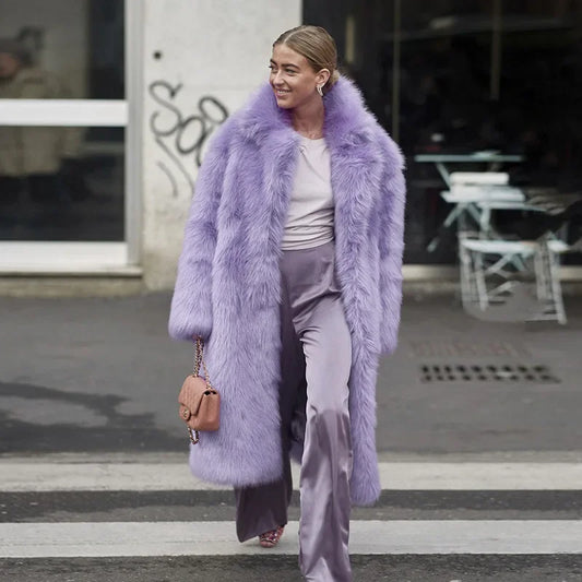 Women  Thick Faux Fur Jacket Colorblock Autumn Winter Maxi Coat Long Warm Luxury Fur  Outerwear