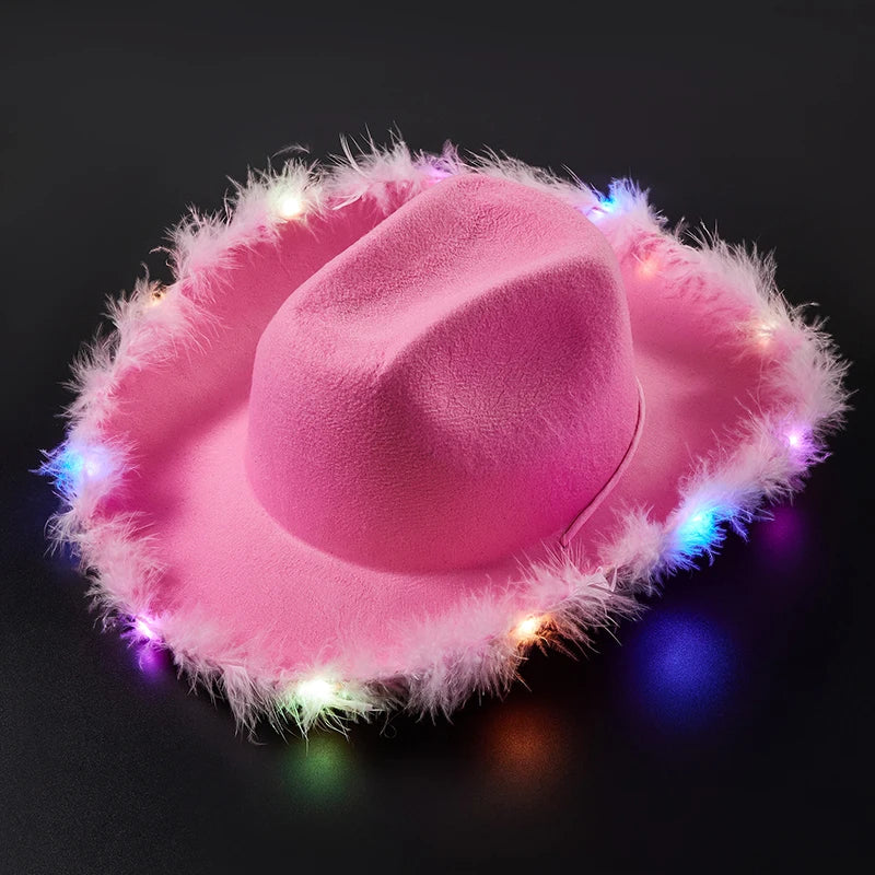 2024 New Felt Party Hats Fashion Cowboy Hat with Colorful LED Light Fun Party Disco Pink Cowgirl Hat for Women Men