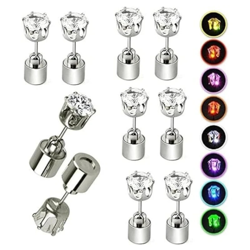 2PCS Colorful LED Luminous Studs Square Zircon Earrings Men Women Bar Rave Wedding Party Ear Stud Jewelry Glowing Earring