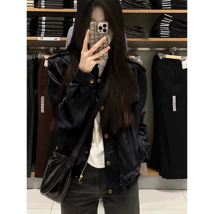 Pu Faux Leather Coat Women Casual Solid Jackets Long Sleeves Turn Down Collar Single Breasted Straight Streetwear 2025 Autumn
