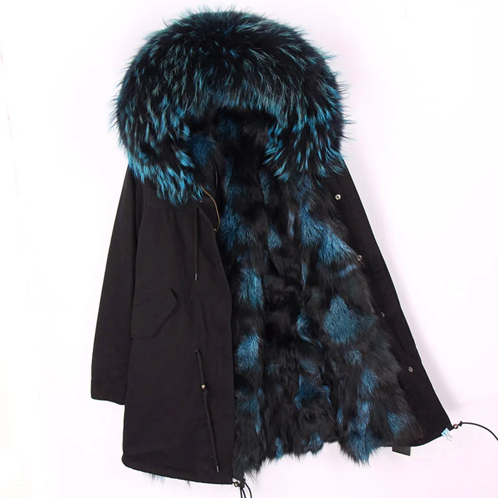 2024 MAOMAOKONG New Real Fur coat Raccoon Collar Detachable Fox fur lining jackets Women's winter Coats parkas Female clothing