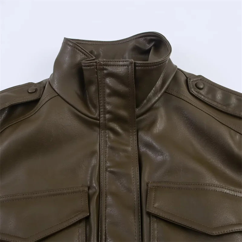Women's Jacket New Fall 2025 Dark Green Long Sleeve Faux Leather Short Jacket Jacket Biker Style Casual Fashion Personality