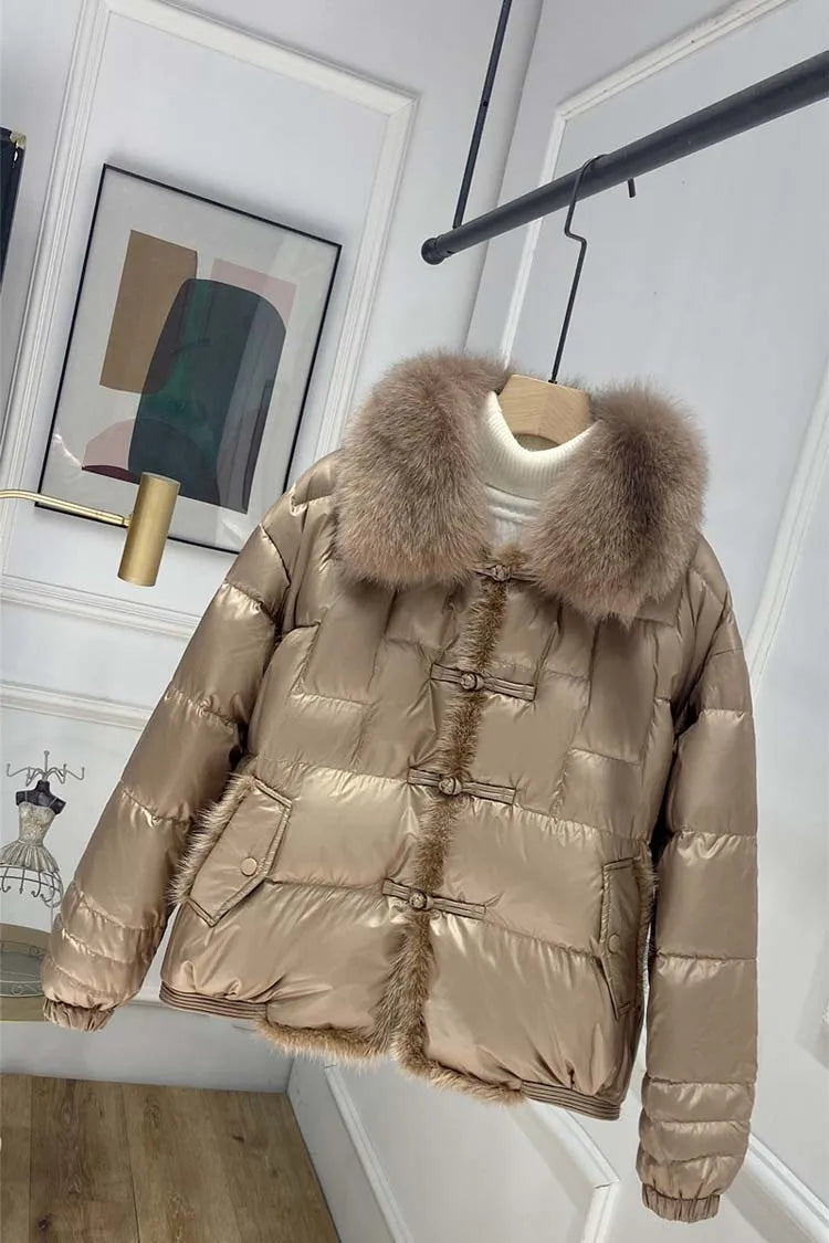2023 Real Fox Fur Collar Winter Women 90%White Duck Down Jacket Ladies Short Warm Puffer Coat Female Loose Vintage Parka