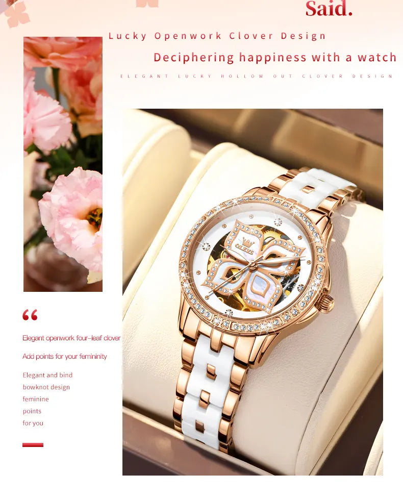 OLEVS 6612 Womens Watch Elegant Fashion Bezel Ceramic Strap Original Mechanical Watch Waterproof Luminous Butterfly Dial Ladies