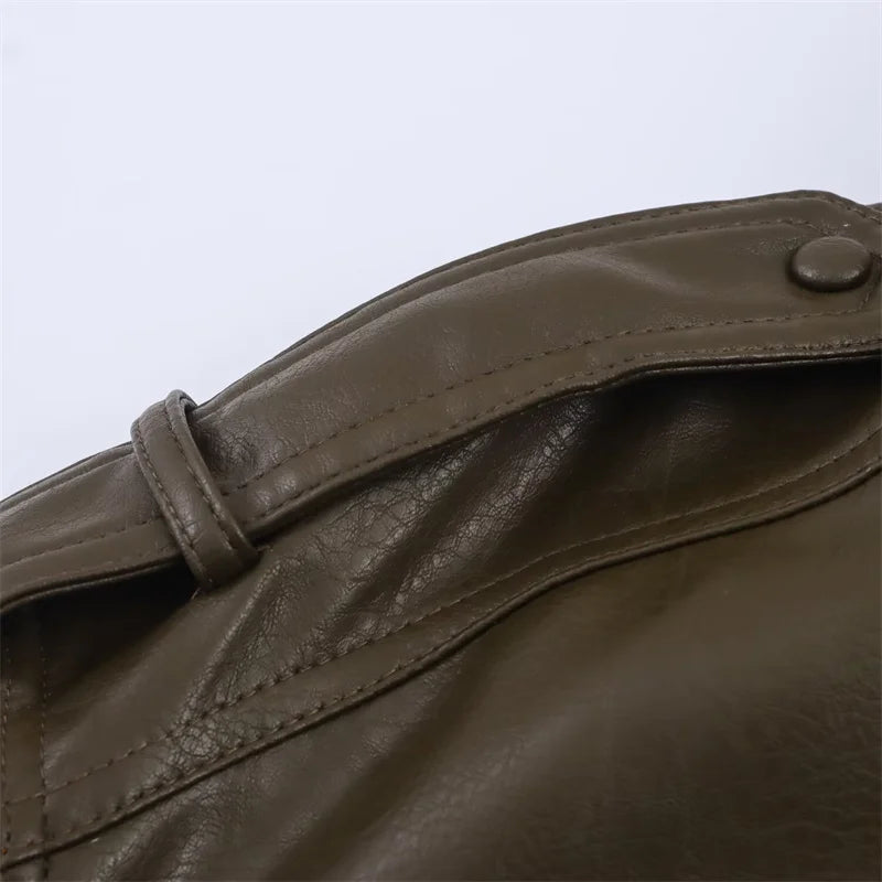 Women's Jacket New Fall 2025 Dark Green Long Sleeve Faux Leather Short Jacket Jacket Biker Style Casual Fashion Personality