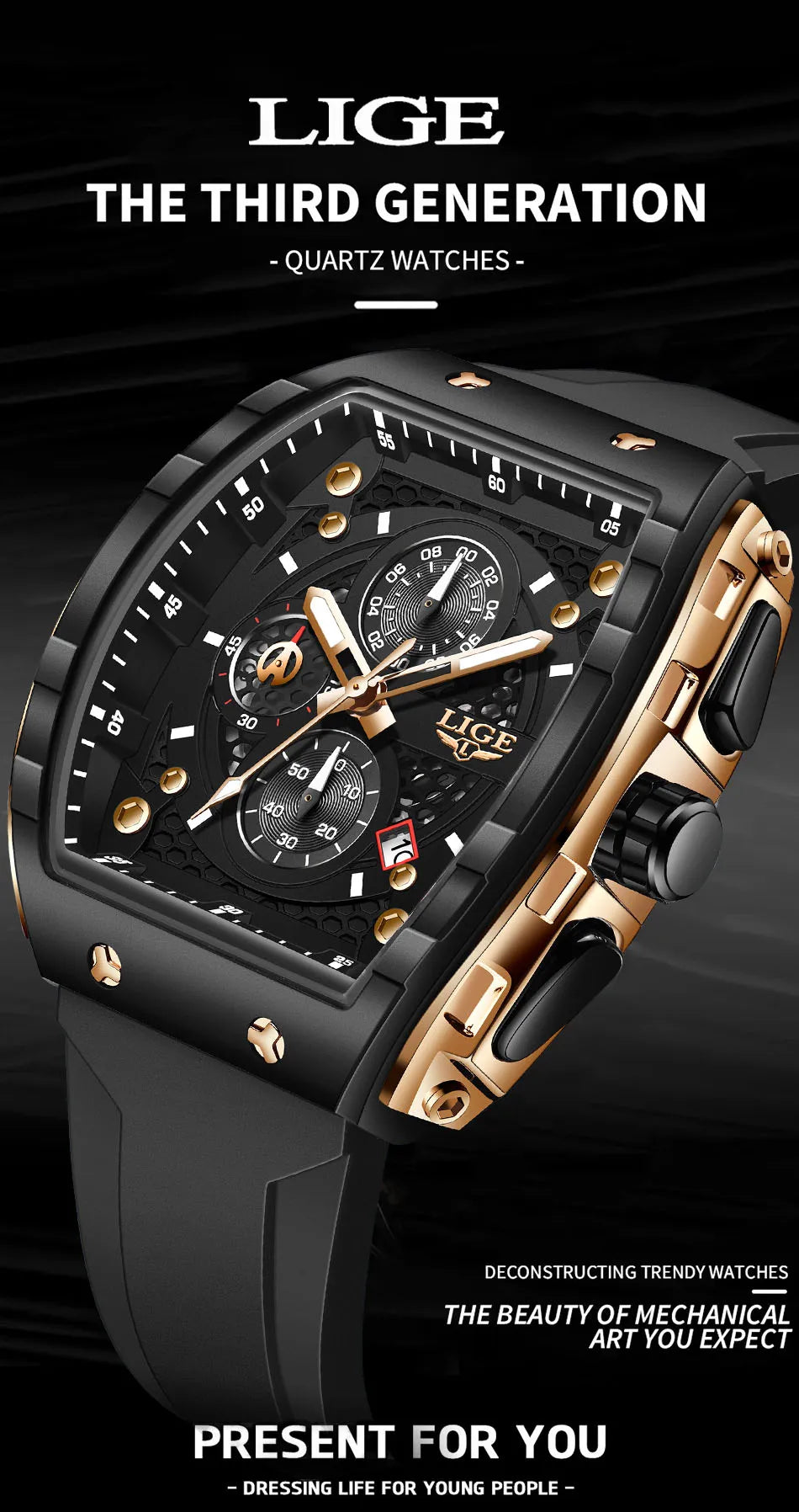 LIGE Waterproof Watches For Men Original Brand Luxury Silicone Square Men's Quartz Wristwatch Fashion Military Chronograph Male