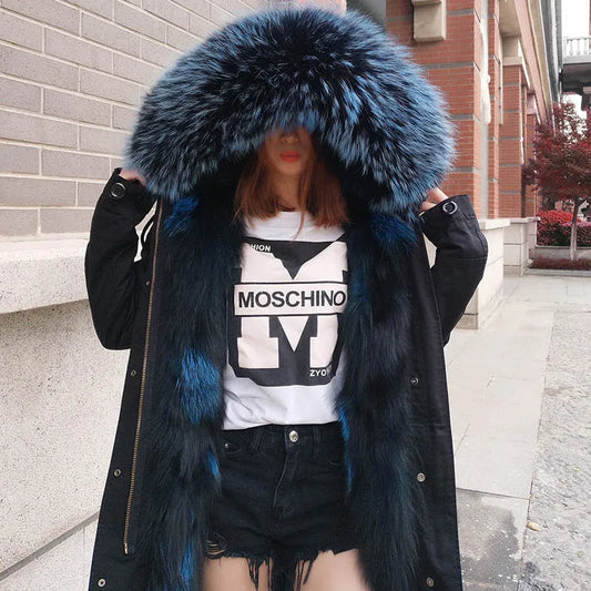 2024 MAOMAOKONG New Real Fur coat Raccoon Collar Detachable Fox fur lining jackets Women's winter Coats parkas Female clothing