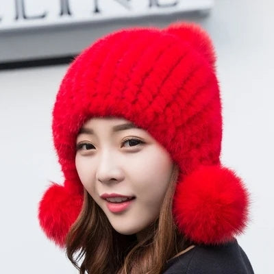 Mink Fur Hat Women Winter Thickened Ear Protection Hat Natural Fur Knitted Caps With Pom Pom Fox Ball Fashion Beanies Fur Hats