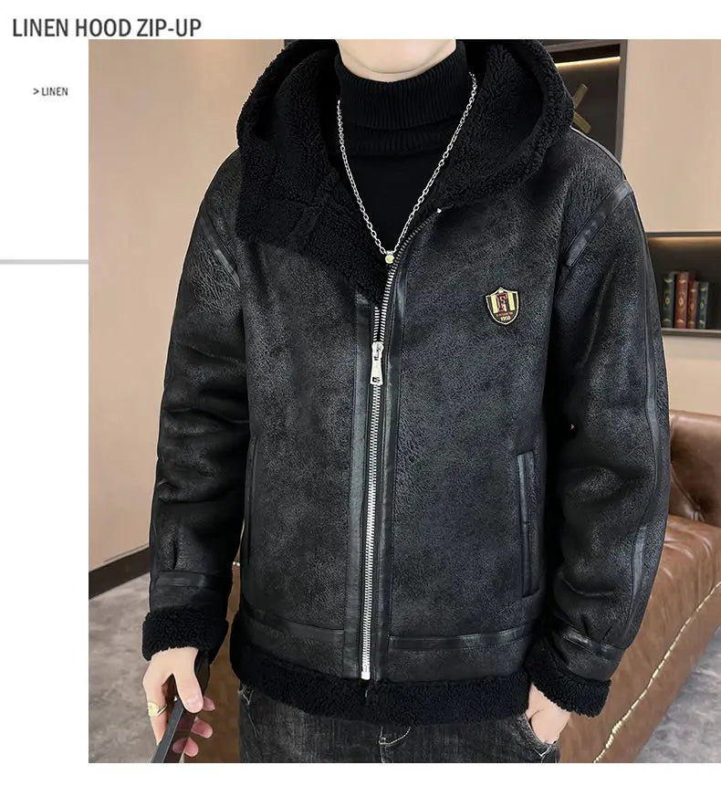 Autumn and winter fur one-piece thickened and fleece jacket for men and teenagers, gold embossed suede thickened warm jacket