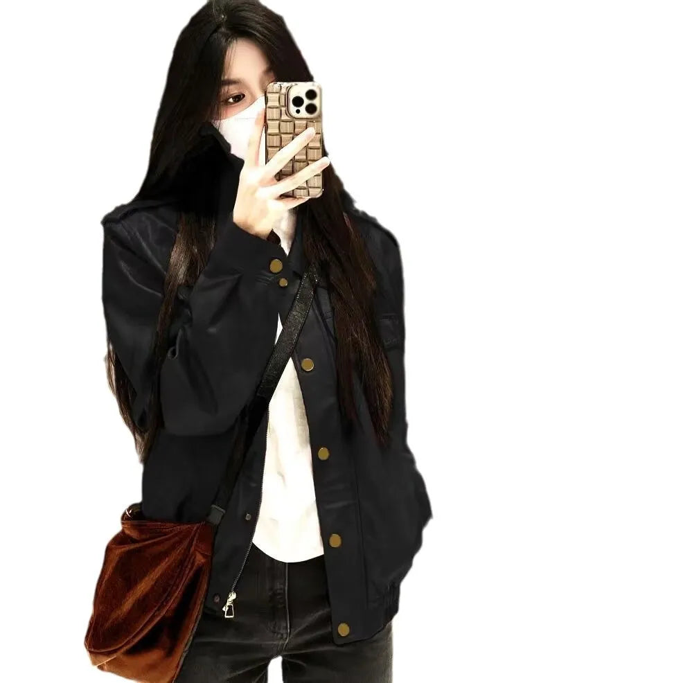 Pu Faux Leather Coat Women Casual Solid Jackets Long Sleeves Turn Down Collar Single Breasted Straight Streetwear 2025 Autumn