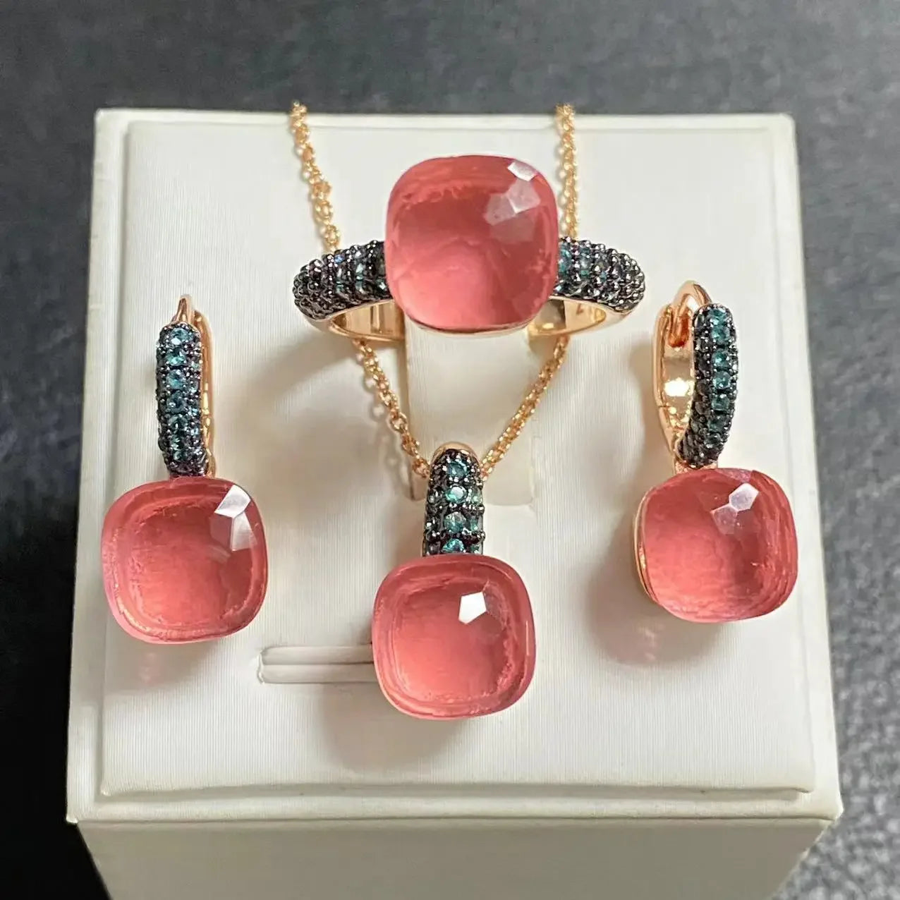 3Pcs Gun Black Plated Blue Zircon Jewelry Set for Women Includes Ring Earrings Necklace Elegant Crystal Blue Topaz Matching Gift