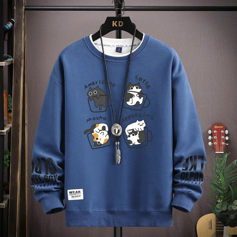 Spring Men's Sweatshirt Japan Cartoon Cats Printed Long Sleeve T-shirt Fashion Men's Clothing Khaki O Neck Harajuku Top 2024 New