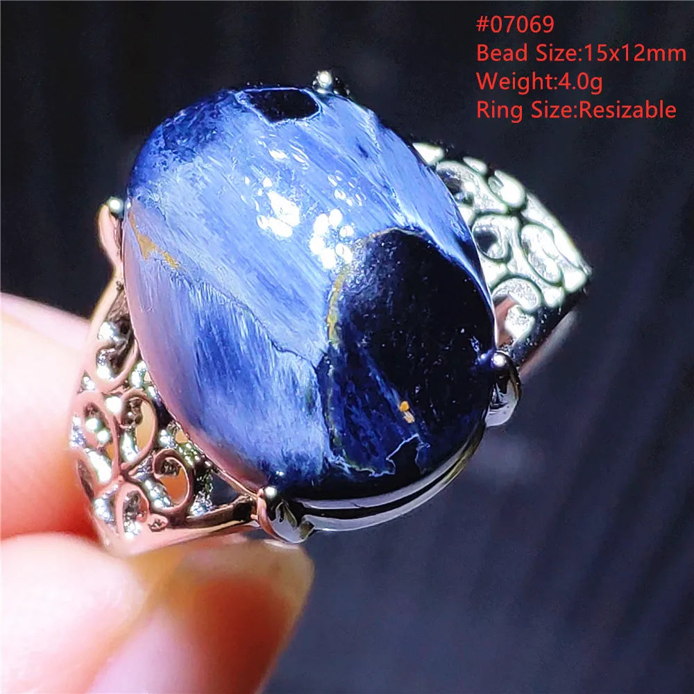 Natural Blue Pietersite Beads Adjustable Ring Woman Men Namibia Pietersite Ring Chatoyant Beads Fashion Silver Jewelry AAAAAA