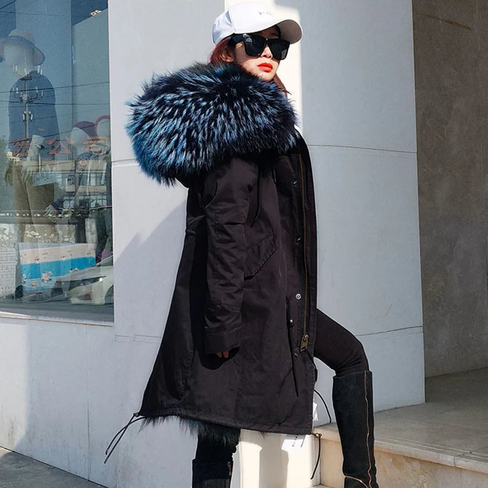 2024 MAOMAOKONG New Real Fur coat Raccoon Collar Detachable Fox fur lining jackets Women's winter Coats parkas Female clothing