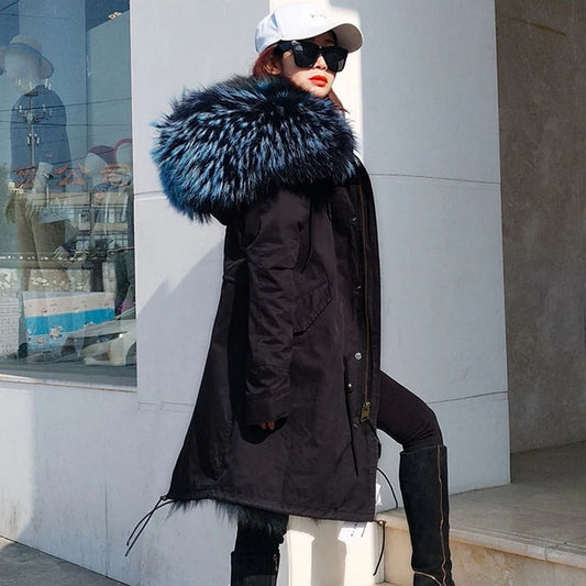 2024 MAOMAOKONG New Real Fur coat Raccoon Collar Detachable Fox fur lining jackets Women's winter Coats parkas Female clothing