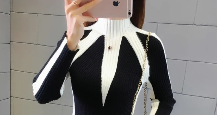 Autumn Winter Turtleneck Contrasting Colors Spliced Sweaters Female Fashion Office Lady Warm Knitted Jumpers Women's Clothing