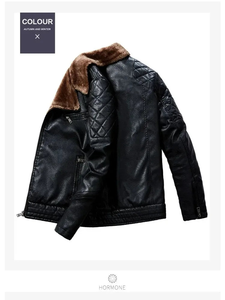 Fashion Warm Winter Mens PU Leather Jacket With Fur Collar Thicken Fleece Motorcycle Coat Casual Faux Leather Locomotive Jacket
