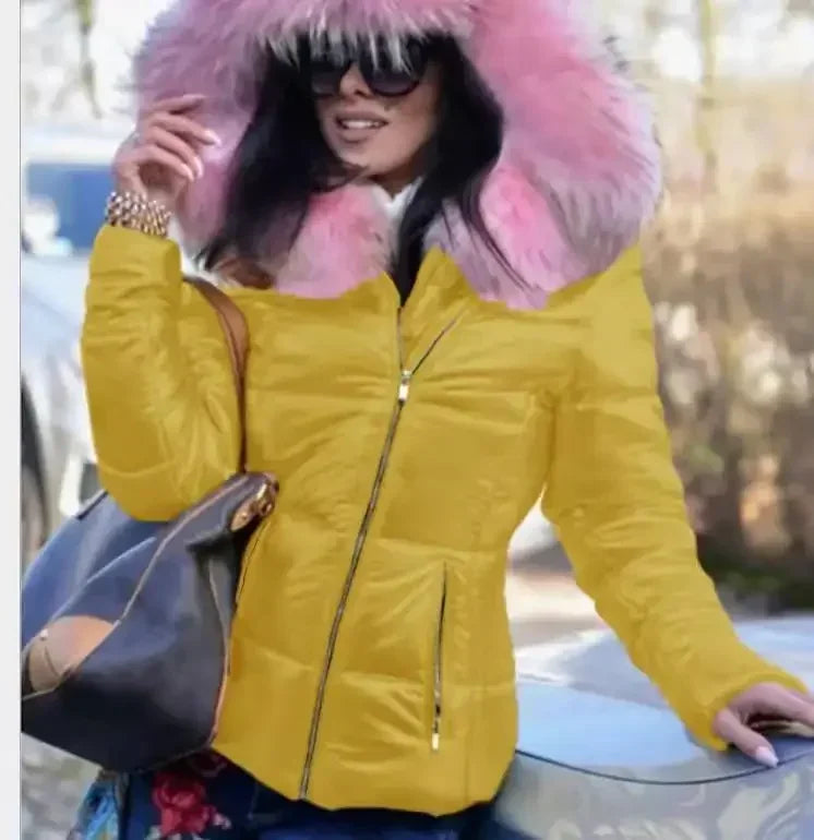 New Hood Solid Color Fur Hooded Jacket Autumn Winter New Women's Cotton-Padded Down Short Parka Coat Jacket Fashion Casual