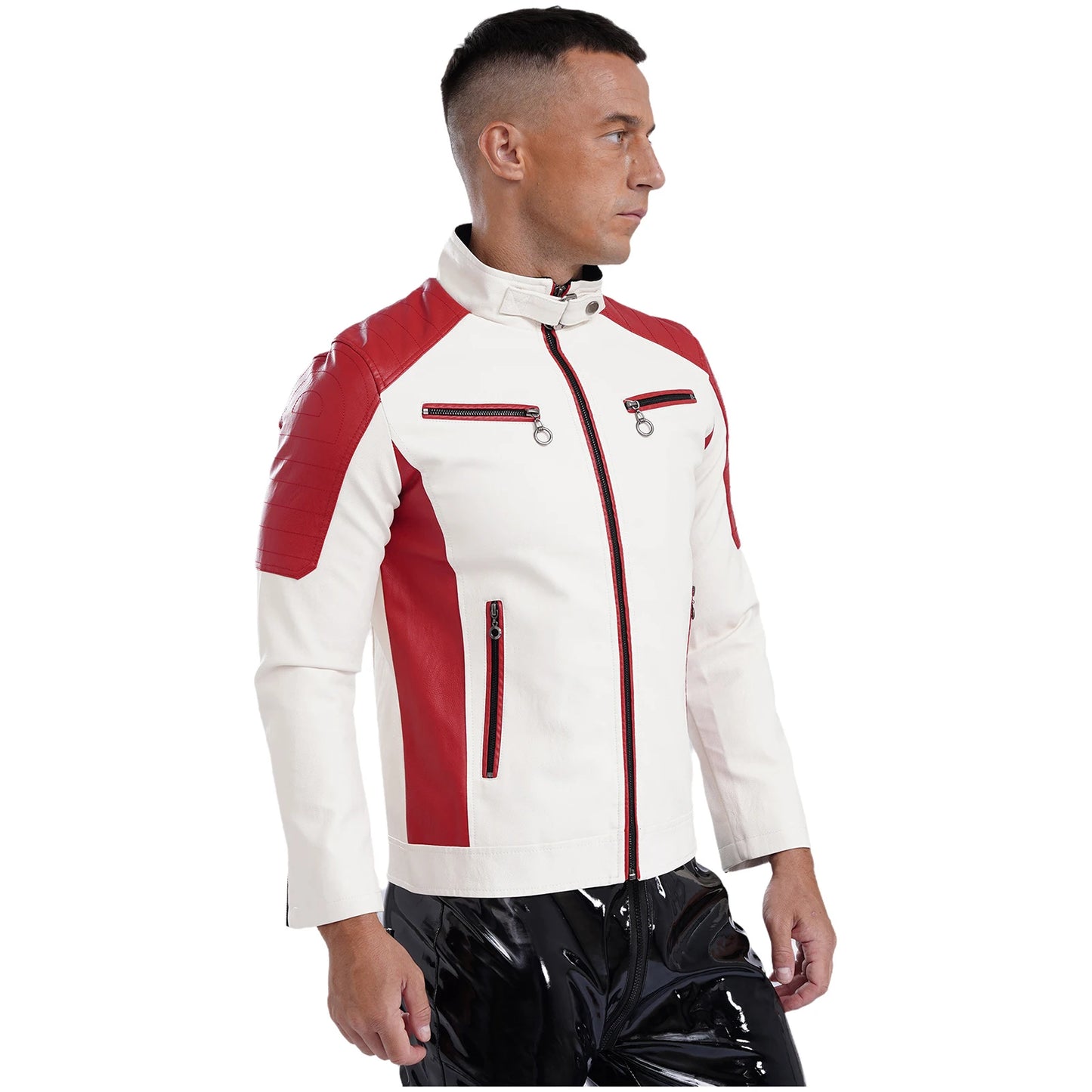 Mens Racing PU Leather Jackets Coat Long Sleeve Front Zipper Outerwear Windproof Motorcycle Biker Racer Bomber Jacket Streetwear