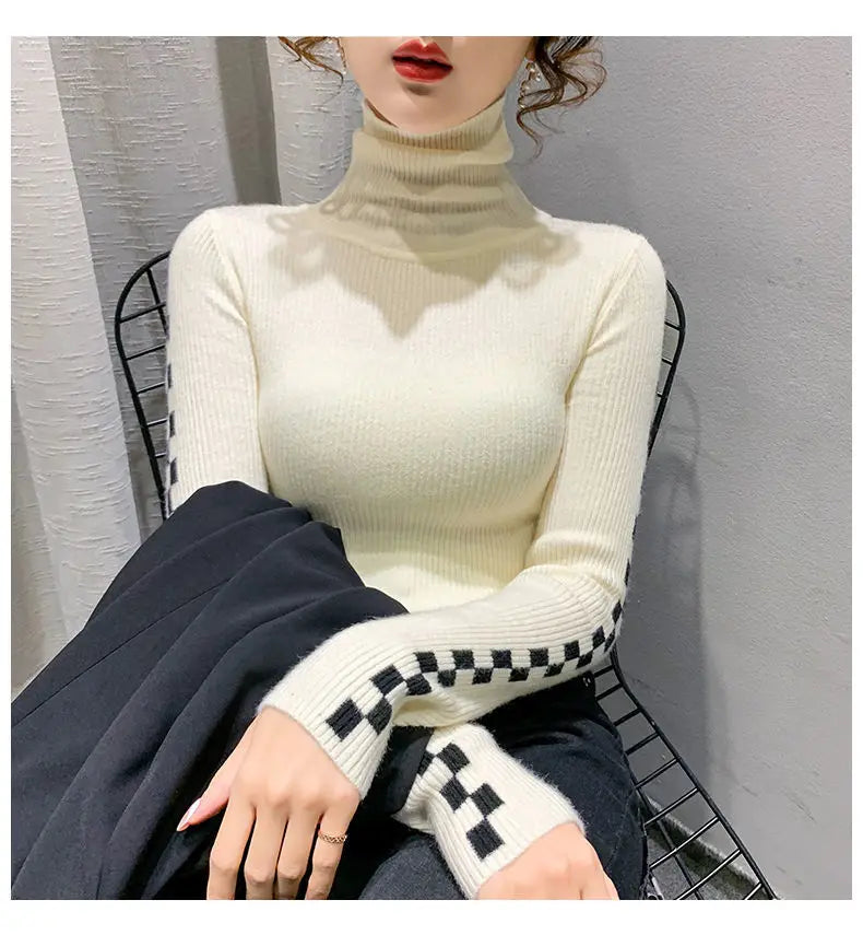 Pile Collar Plaid Bottoming Shirt Female New Autumn Winter Temperament All-match Sweater Interior Lapping Slim Turtleneck Tops