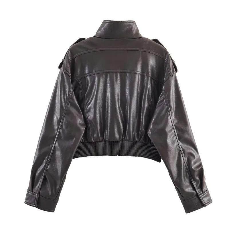 Women's Jacket New Fall 2025 Dark Green Long Sleeve Faux Leather Short Jacket Jacket Biker Style Casual Fashion Personality