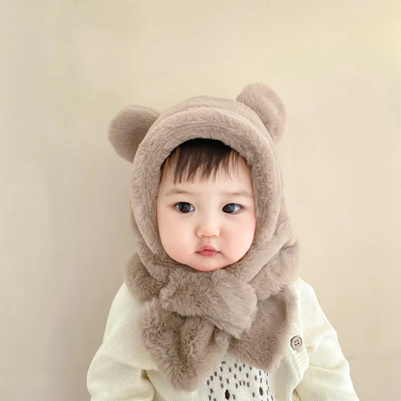 Winter Baby Hat Scarf One-Piece Faux Fur Kids Hats Cartoon Bear Warm Neck Ear Cap for Boys Girls Windproof Beanies Infant Stuffs