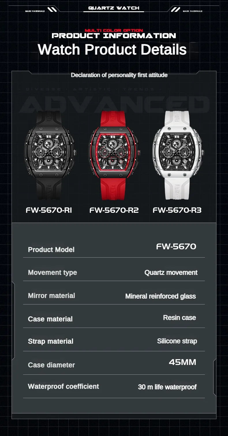 Fashion White Watches For Men Sport Silicone Strap Dive Luminous Quartz Watch Tonneau Shape Resin Case Multifunctional Clock New