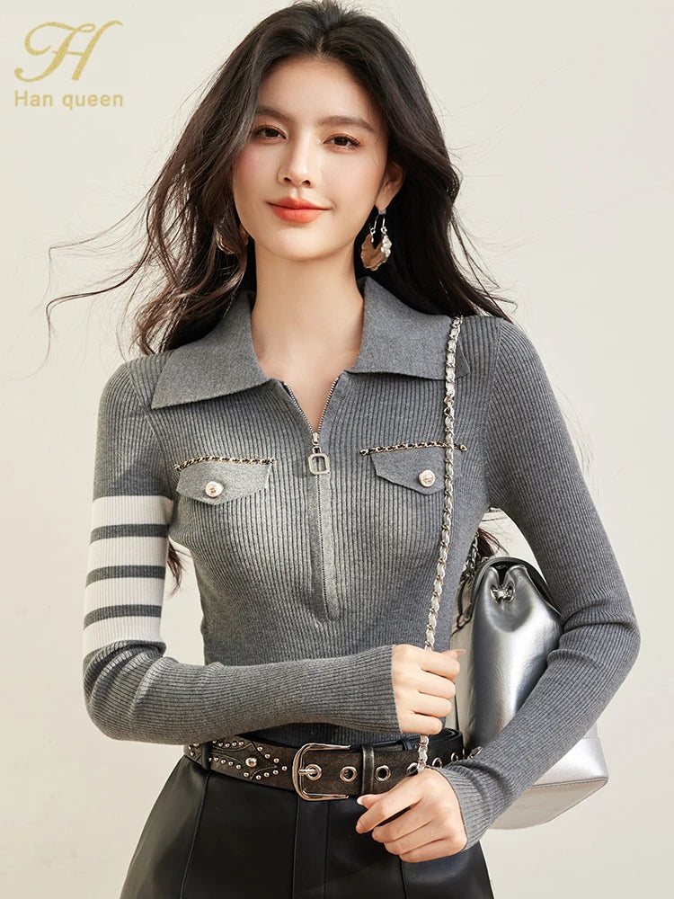 H Han Queen Spring Autumn Zipper Tops Slim Knitted Bottom Shirt Women's Sweater Striped  Casual Knitted Pullover Sweater
