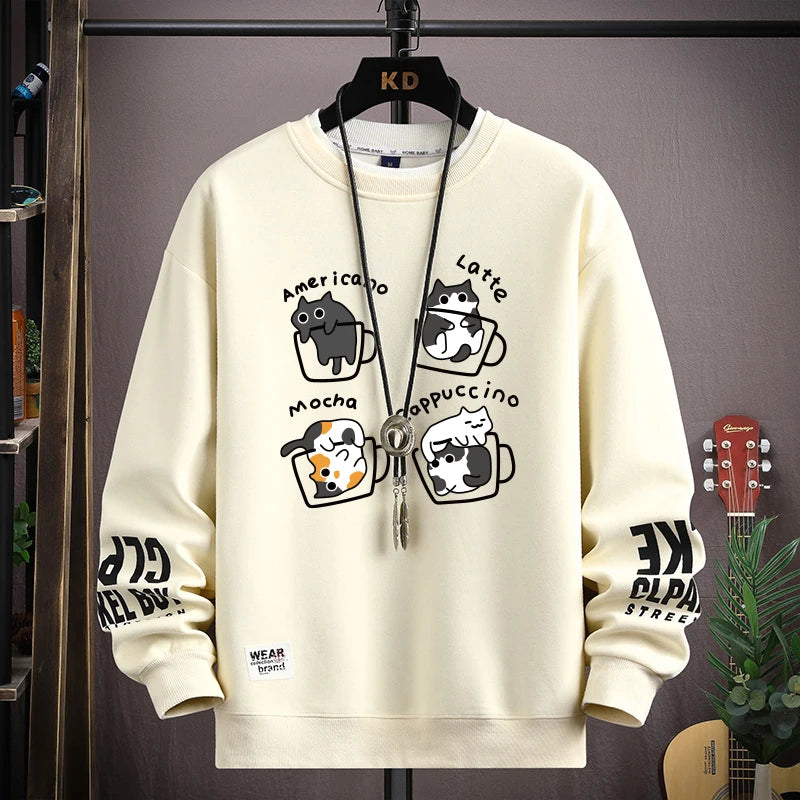 Spring Men's Sweatshirt Japan Cartoon Cats Printed Long Sleeve T-shirt Fashion Men's Clothing Khaki O Neck Harajuku Top 2024 New