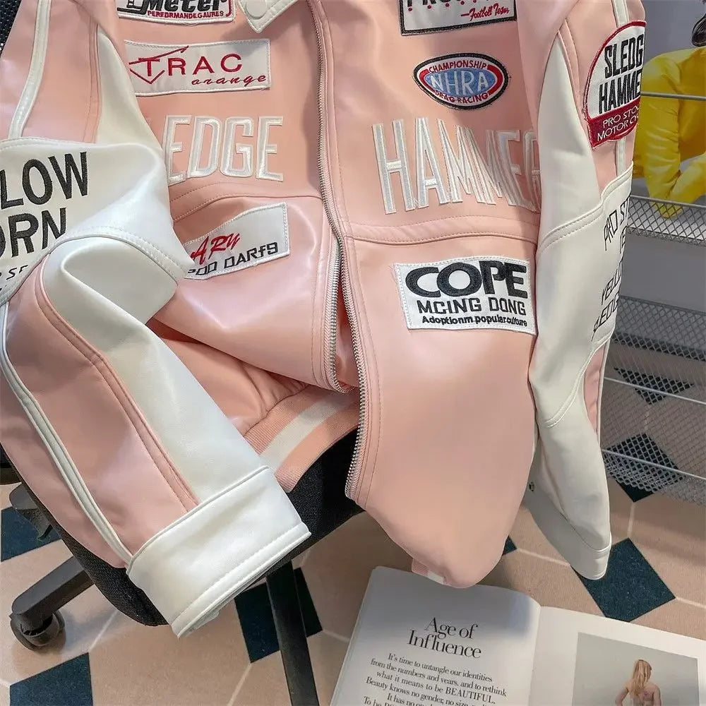 Motorcycle pu leather jacket coat baseball jacket pink american style women autumn and winter fried street high level clothes