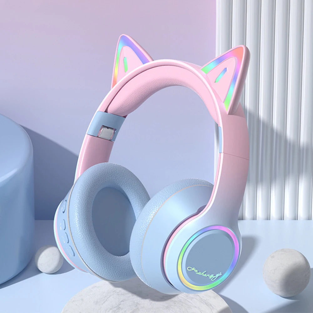 Gradient Wireless Headphones RGB Cat Ear Bluetooth Headphones With Microphone Stereo Music Game Earphone For Girls Kids Gifts