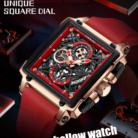 CRRJU Men's Sports Chronograph Wrist Watch For Men Army Silicone strap Square Quartz Stop Watch Clock Man Relogios Masculino