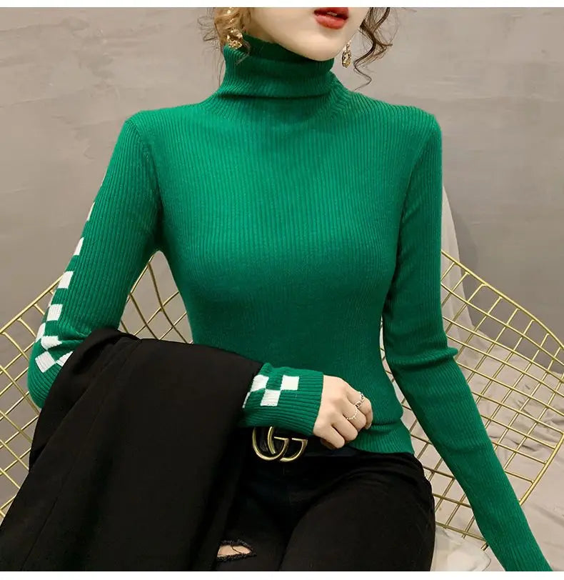 Pile Collar Plaid Bottoming Shirt Female New Autumn Winter Temperament All-match Sweater Interior Lapping Slim Turtleneck Tops